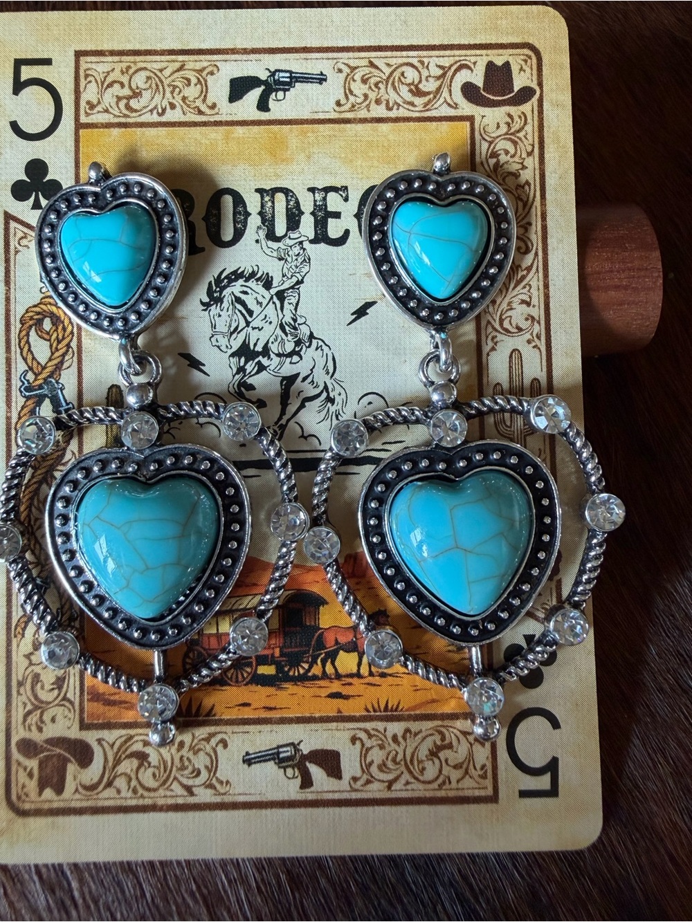 Southwestern Turquoise Heart Rhinestone Silver Tone Dangle Statement Earrings